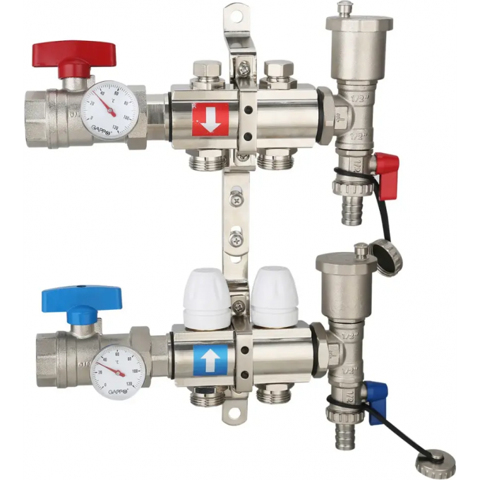 Коллектор регулируемый с запорными клапанами GAPPO 2-вых.x1"x3/4" G425.2